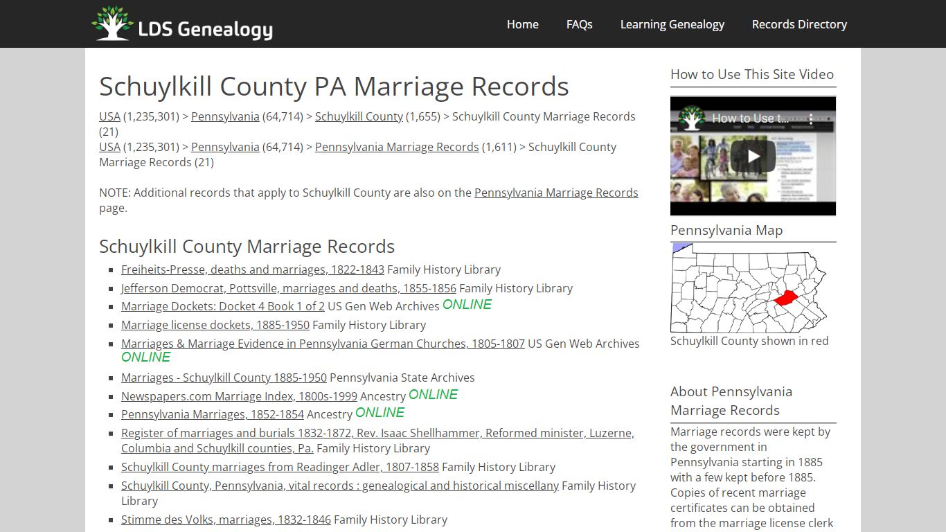 Schuylkill County PA Marriage Records - LDS Genealogy